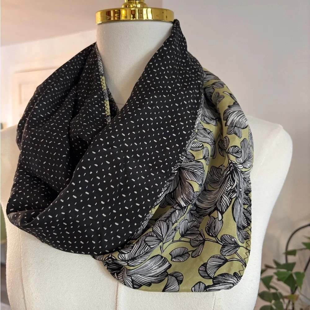 100% Silk J. Jill Infinity Scarf Reversible Olive Green & Black Floral SKU 4